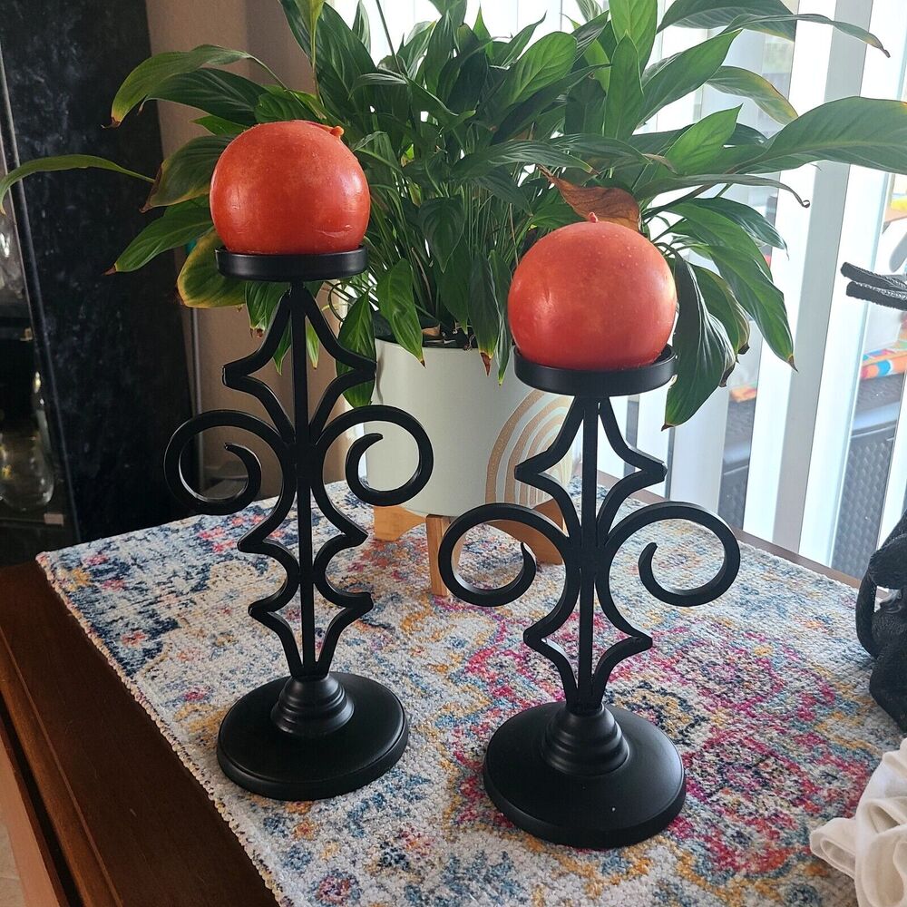 Matte Black Metal Fleur De Lis Pillar Candle Holder Set of 2 Gothic Farmhouse - Picture 2 of 4